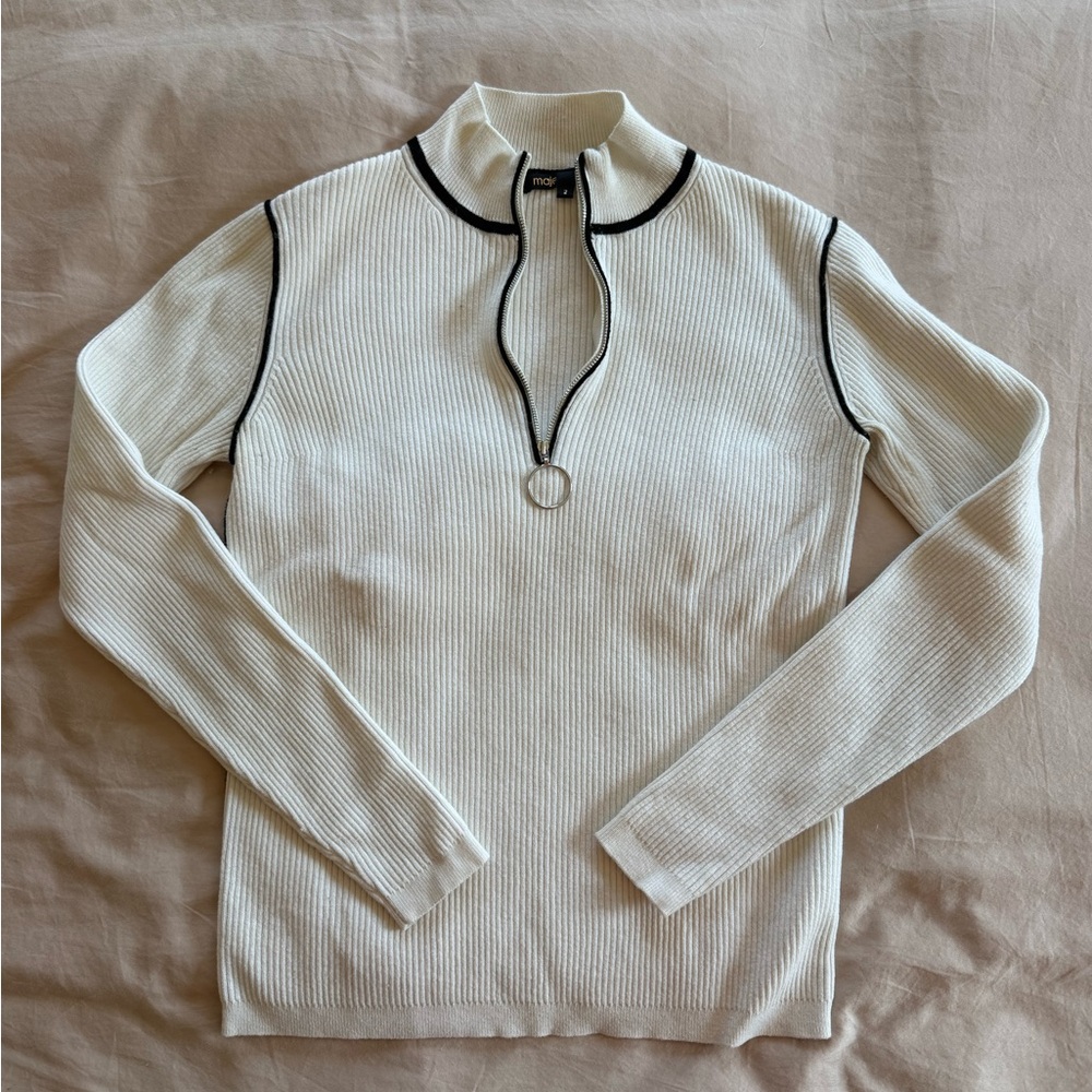 Maje Cream Ribbed Quarter-Zip Sweater with Black Trim